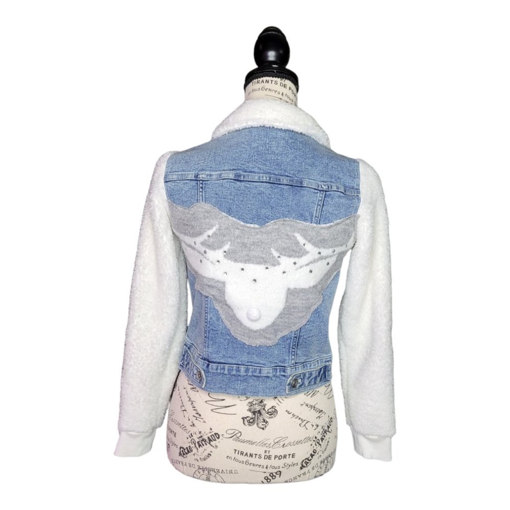Girls Denim Fleece Deer jacket Refashioned Embellished OOAK by FancyMadame